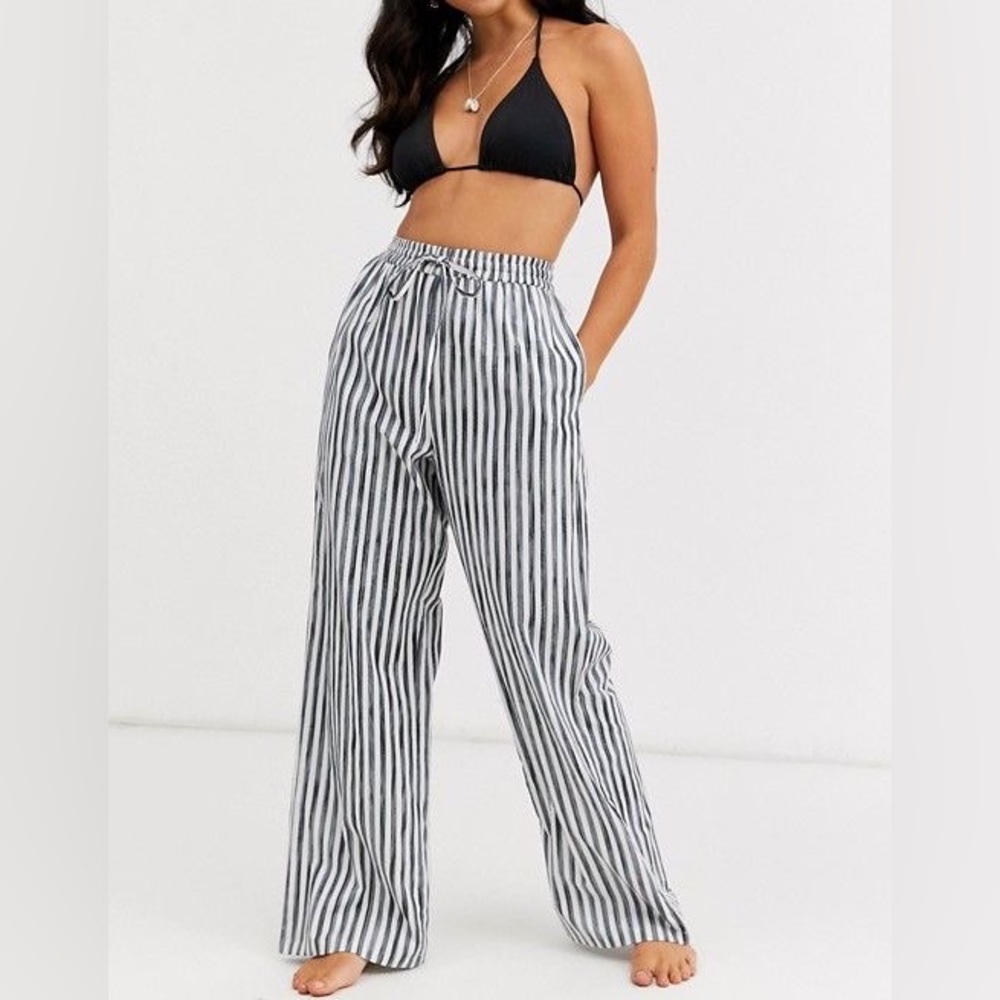 NWT Glamorous Exclusive beach pants in gray stripe SMALL